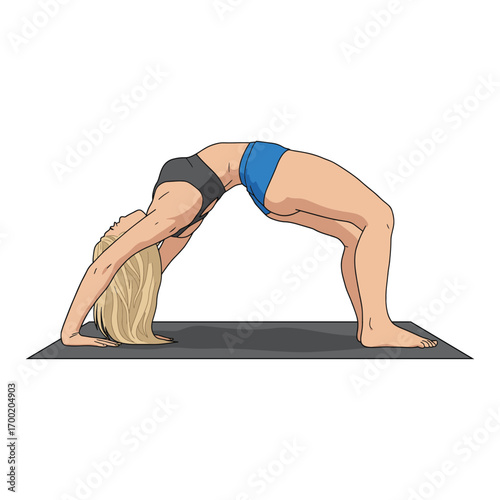 A woman with blonde hair performs a full wheel yoga pose on a dark mat, demonstrating flexibility and strength in a fitness setting.
