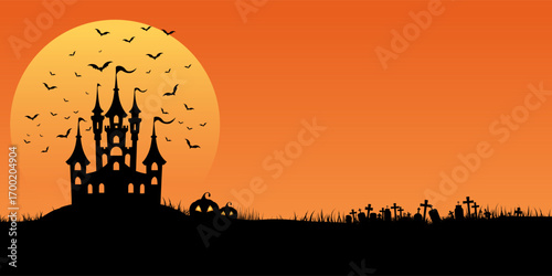 Halloween banner with castle, bats and spooky pumpkin landscape 