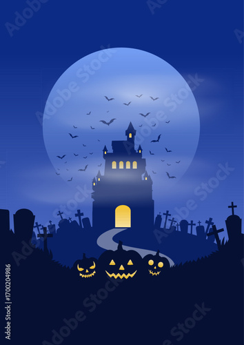 Halloween landscape with spooky castle and Jack O Lanterns