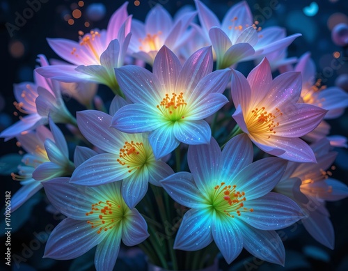 Magical glowing flowers bloom with ethereal light, creating a dreamy, enchanted atmosphere.