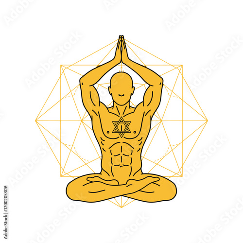 Stylized golden figure meditating in lotus pose with geometric background and chest symbol.
