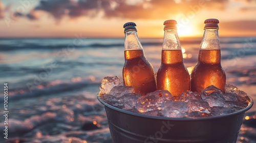 Three refreshing beer bottles sit led in a bucket of ice with ocean waves and a beautiful sunset in the background, creating an inviting summertime scene.