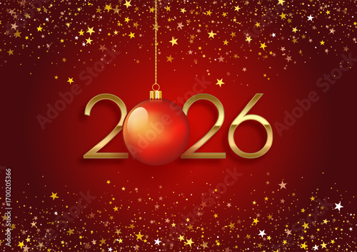 Red and gold Happy New Year background with hanging bauble design 