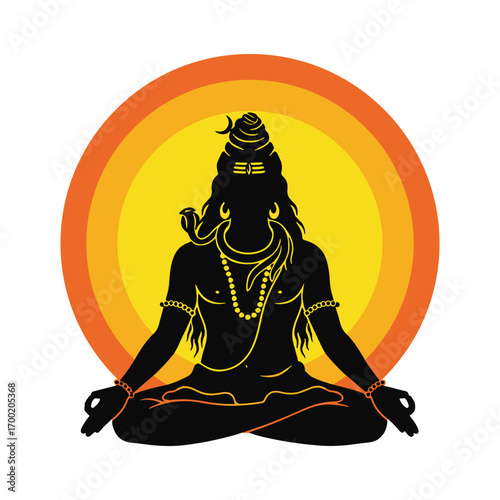 Silhouette of meditating Hindu deity Shiva with a snake, surrounded by an orange and yellow halo.