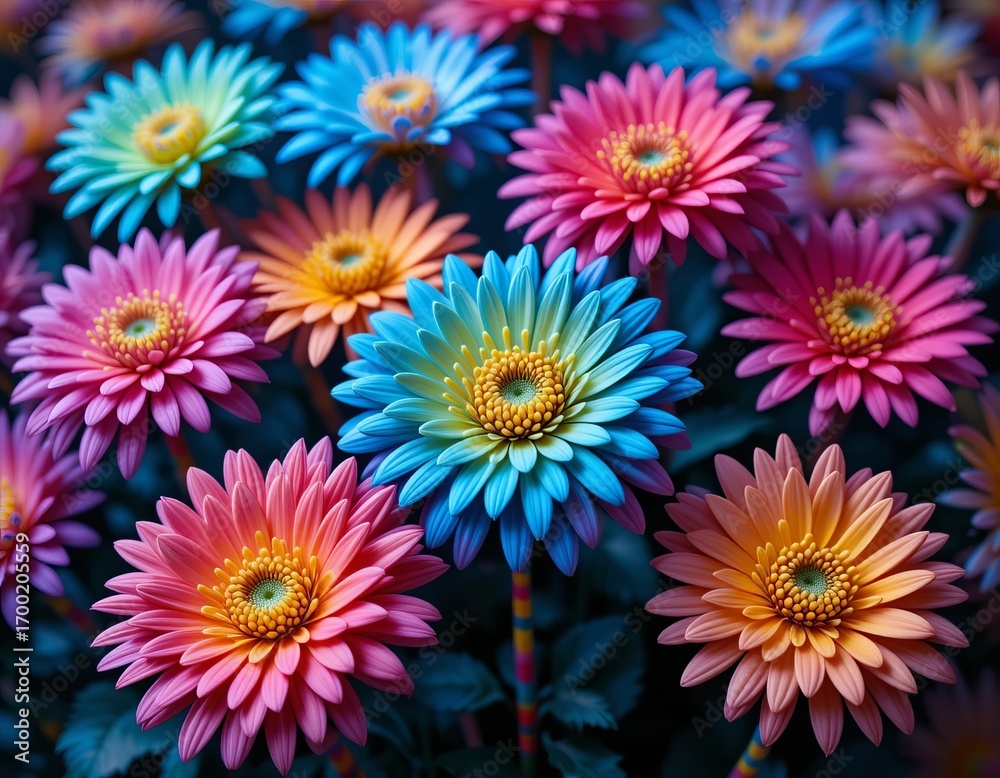 Fototapeta premium Vibrant gerbera daisies bloom in a dazzling display of rainbow colors, bringing joy and beauty.
