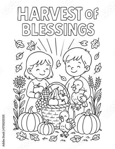thanksgiving christian coloring page with children harvest basket pumpkins turkey grapes corn and scripture harvest of blessings for sunday school bible study worship and devotion