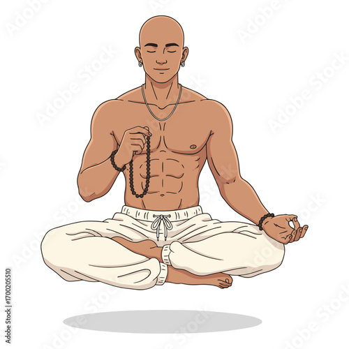 A bald, muscular man meditates in a floating lotus position, holding prayer beads.