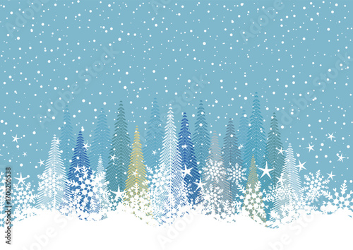 Christmas background with winter trees and snowflakes design 