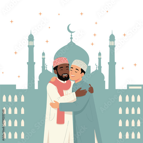 Two Muslim men in traditional clothing share a warm embrace in front of a mosque silhouette during a celebration.