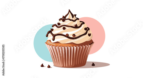Delicious chocolate chip vanilla frosted cupcake with swirled icing and drizzled chocolate sauce