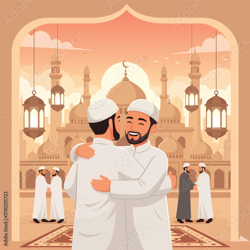 Two Muslim men embracing in front of a mosque, celebrating a religious holiday like Eid, with other people and lanterns in the background.