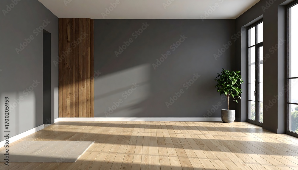 Fototapeta premium A modern, empty room features neutral gray walls, warm wooden accents, and natural sunlight streaming through large windows.