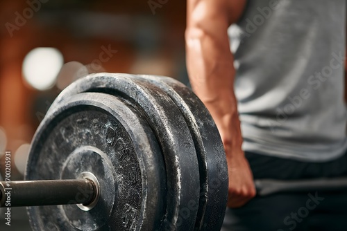 An individual performs a powerful fitness exercise, gripping a heavy barbell with plates to achieve physical fitness.