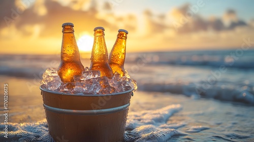 Three refreshing cold beer bottles sit led in ice within a bucket on the beach with waves, creating a relaxing sunset scene on a warm, tropical evening.