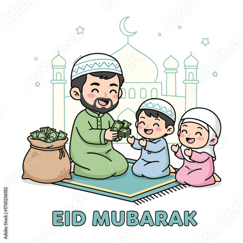 Eid Mubarak Celebration with Giving: A heartwarming illustration of a father giving money to his children in front of a mosque during the auspicious Eid Mubarak celebration, representing generosity.