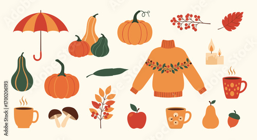 Cozy autumn harvest collection with pumpkins sweaters and warm drinks for fall season illustration