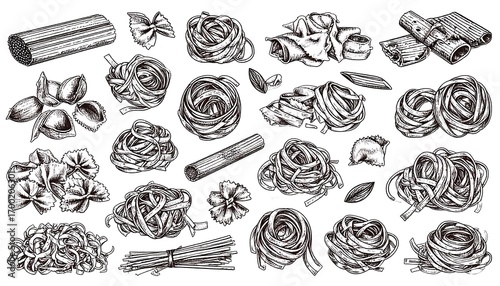 Detailed graphic illustrations of various pasta types, showcasing diverse shapes and textures.