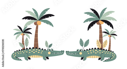 Adorable baby crocodiles under palm trees with lush foliage in a tropical jungle setting