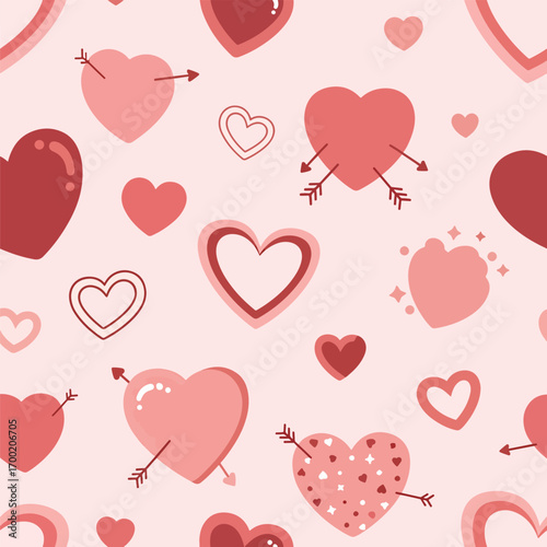 Valentine's Day heart pattern with love arrows and romantic design elements, patern seamless, Stock royalty.