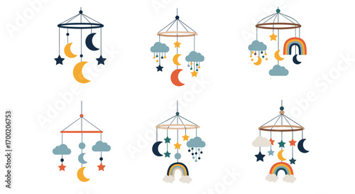 Charming collection of celestial and weather themed nursery mobiles for cribs featuring stars moons clouds and rainbows