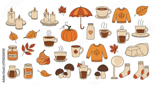 Cozy autumn vibes collection featuring warm drinks warm clothing and seasonal decorations