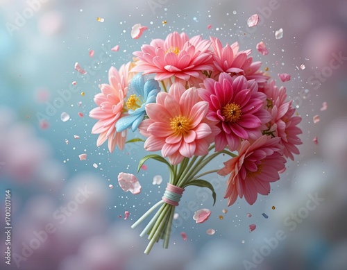 Delicate bouquet of pink and blue flowers with falling petals, evoking romance and celebration.