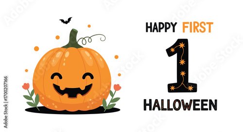 Adorable pumpkin character celebrating a festive first halloween birthday celebration adorned with autumnal accents