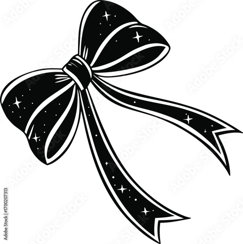 Stylized Ribbon Bow Silhouette Vector, Elegant Decorative Bow Outline Design, Minimalist Ribbon Knot Silhouette Illustration, Fashion Accessory Ribbon Bow Vector