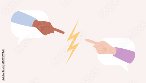 Hands of different skin tones in speech bubbles pointing at each other and the lightning bolt icon between them. Flat vector illustration