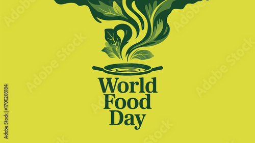 World food day graphic with stylized plants rising from a pan on a yellow background design element