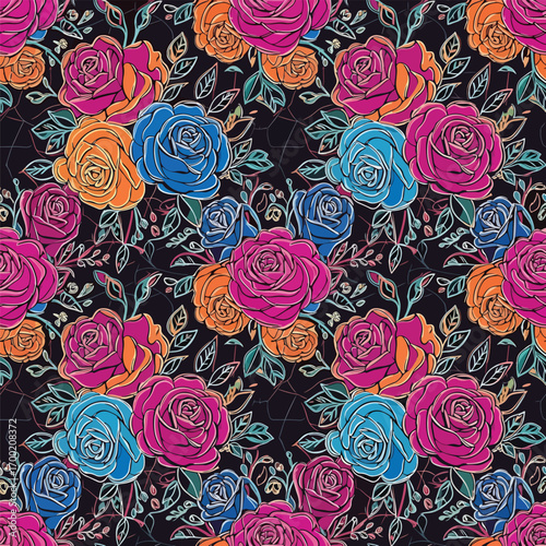 Vibrant floral pattern featuring roses in pink, blue, and orange hues, patern seamless, Stock royalty free.