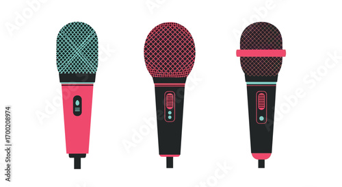 Diverse collection of three artistic microphones each with unique color and pattern for audio recording and performance