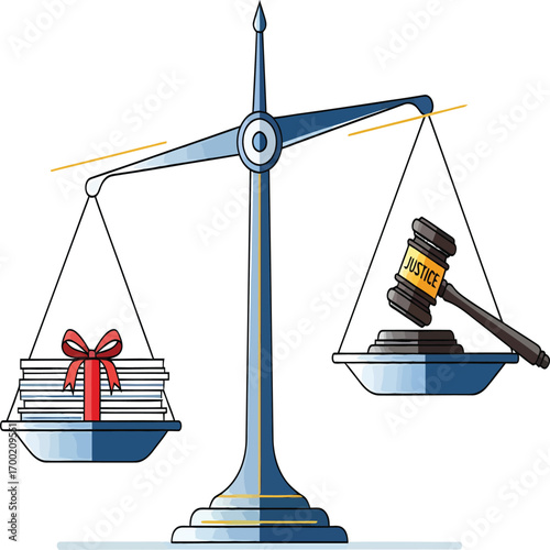 Vector, illustration, court scales of justice with gold, judge's gavel, wealth, bribery money, poster, lawyer,