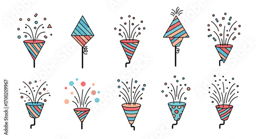 Collection of colorful party poppers and confetti bursting with festive celebrations and joyful occasions for special events