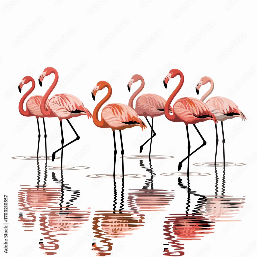 Obraz premium Group of Flamingos Standing in Water Illustration