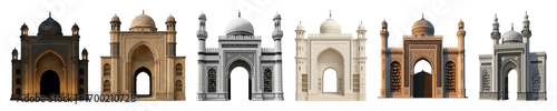 Ornate archway set including Islamic and Middle Eastern architectural structures isolated. Cultural and religious building elements.