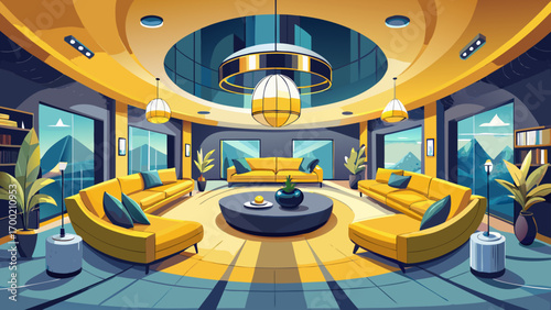 Dazzling panoramic 360 view of a sophisticated living room, furnished with mustard yellow contemporary couches, designer lighting fixtures, black marble flooring, and minimalist decor, celebrating vib