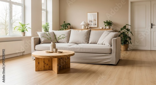 Bright living room with beige sofa, wooden table, and potted pla