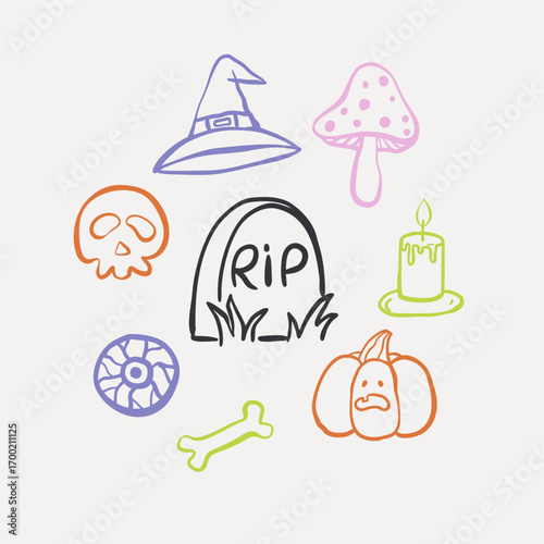 Minimalist line art Halloween icons set. Simple and modern design perfect for seasonal illustrations, greeting cards, invitations, and digital projects.