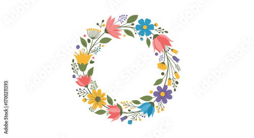 A beautifully crafted circle of colorful spring flowers and greenery forming a wreath decoration for a special occasion