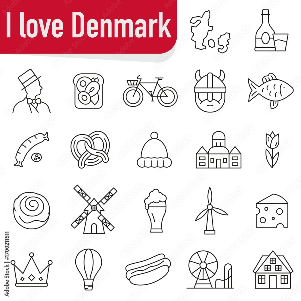 Fototapeta premium A set of icons dedicated to Denmark. A set of icons reflecting the symbols and culture of Denmark.