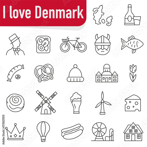 A set of icons dedicated to Denmark. A set of icons reflecting the symbols and culture of Denmark.
