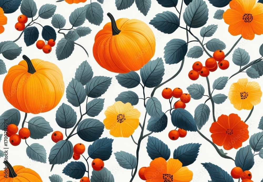 Fototapeta premium Seamless autumn pattern with pumpkins, leaves, and flowers