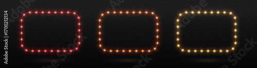 Set of glowing garland LED neon  square frames in red, orange  and yellow. Isolated transparent background, ideal for holiday decorations, banners, and festive design elements, Vector PNG.