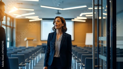 Wallpaper Mural Businesswoman and her male colleague walk and talk and the hand shake through an empty conference hall, preparing for a corporate seminar or presentation Torontodigital.ca