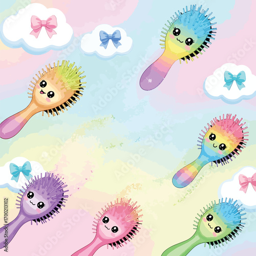 Whimsical pastel background with kawaii hairbrushes and bows for children's design, seamless pattern, Stock royalty.