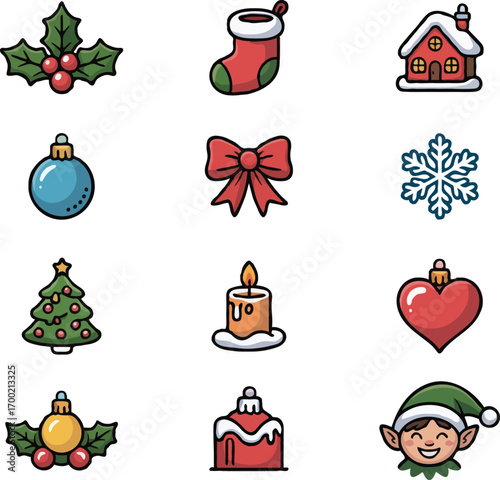 Festive Collection Charming Christmas Icon Set, Featuring Seasonal Symbols Like Ornaments, Holly, Stockings, and Cheerful Festive Holiday Elements
