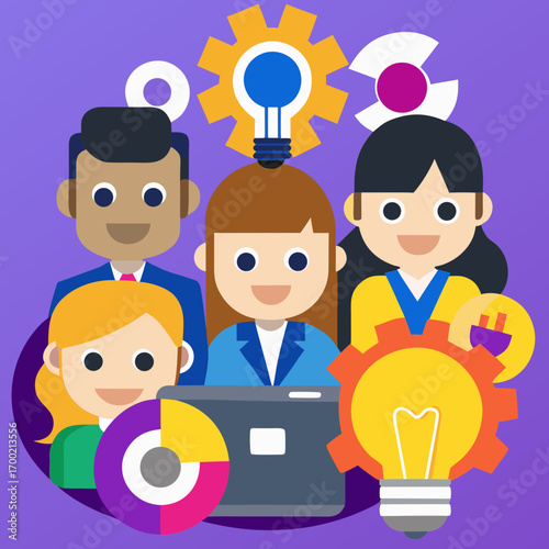 Business team brainstorming marketing strategy – vector illustration. Flat vector illustration of a creative team planning digital marketing, developing strategy, and working together on.