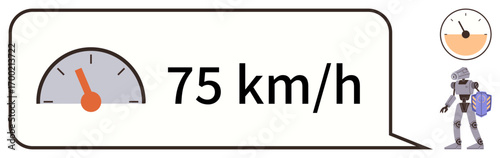 Speedometer gauge with 75 kmh reading, robot holding a package, clock hinting at time tracking. Ideal for logistics, automation, speed, delivery systems, robotics efficiency futuristic concepts. A