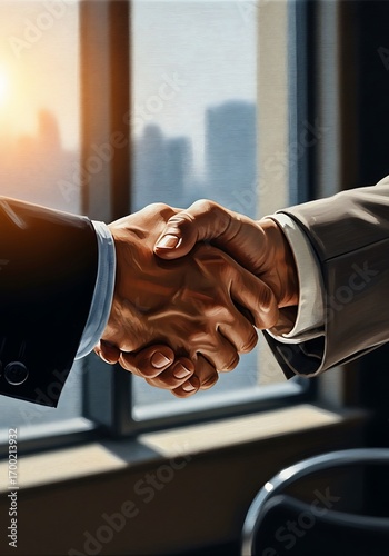 Two professionals finalize a agreement with handshake in highrise office